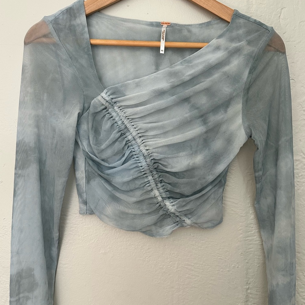 Free People Blue Asymmetrical Ruched Crop Blouse